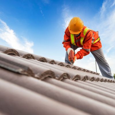 Builders in work clothes install new roofing tools, roofing tools, electric drill and use them on new wooden roofs with metal sheet